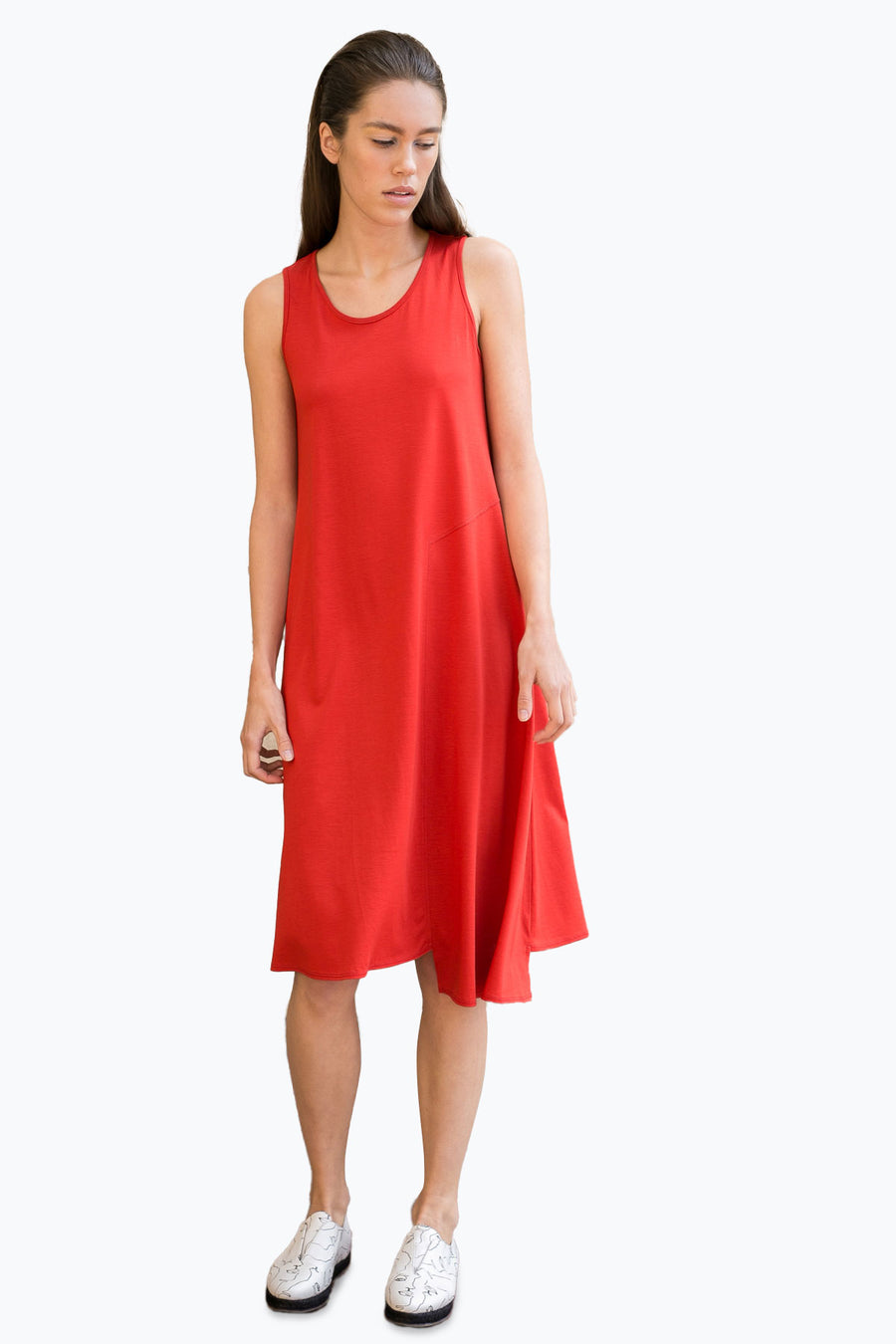 sleeveless red dress with asymmetrical hems