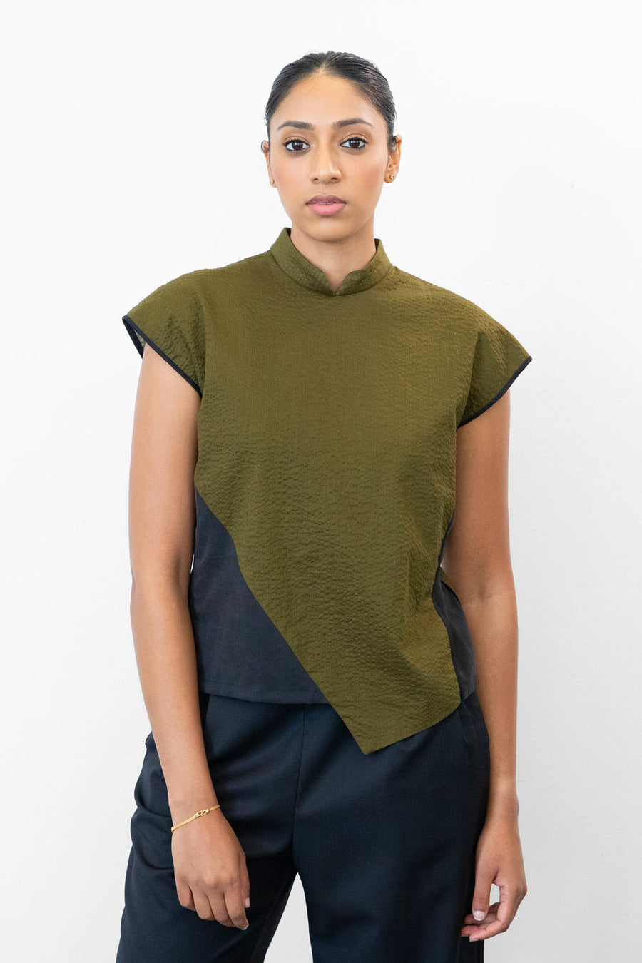 Asymmetrical Qipao Top - Olive