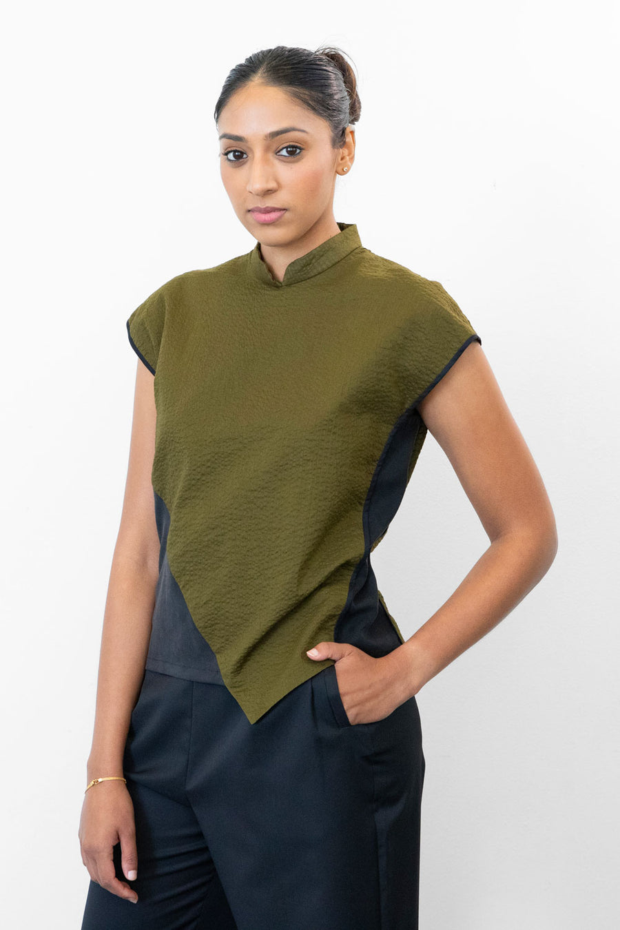 Asymmetrical Qipao Top - Olive