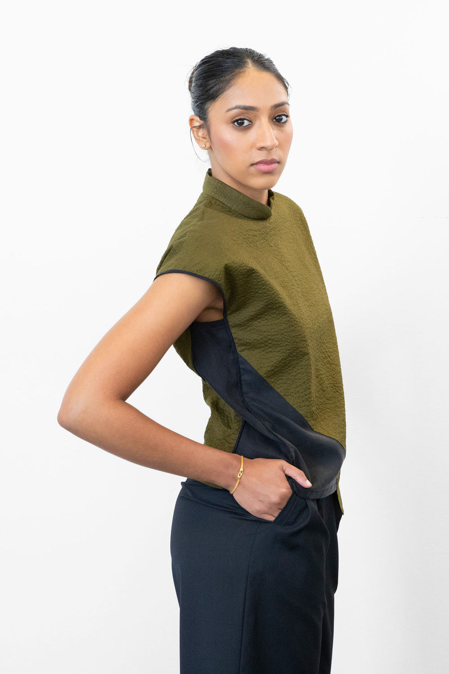 Asymmetrical Qipao Top - Olive